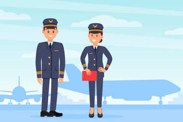 Male and female pilots of aircraft. Cheerful man and woman in uniform standing near airplane cartoon vector