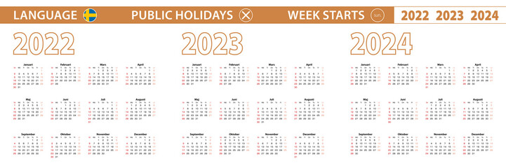 2022, 2023, 2024 year vector calendar in Swedish language, week starts on Sunday.