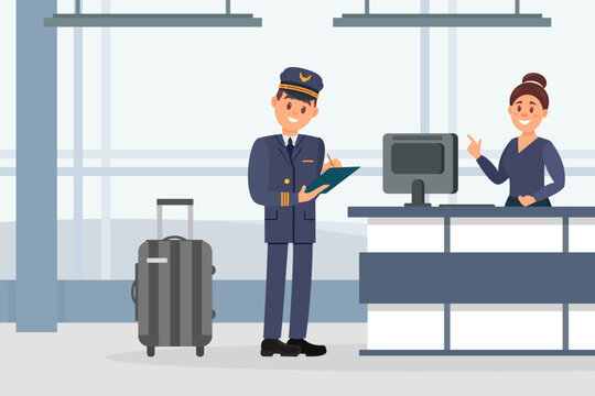 Pilot of aircraft checking in for flight at check in counter. Man in uniform with suitcase standing near airplane cartoon vector