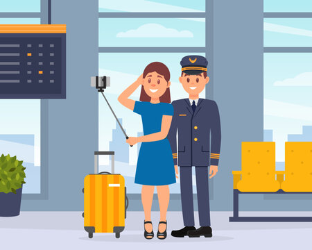 Pilot of aircraft waiting for flight. Female passenger taking selfie with pilot in airport lounge cartoon vector