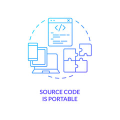 Source code portability blue gradient concept icon. Procedural programming abstract idea thin line illustration. Work on different processors. Isolated outline drawing. Myriad Pro-Bold font used