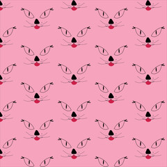Seamless pattern with cat with eyelashes in a pink background Vector illustration for wrapping paper, print, poster and wallpapers.	