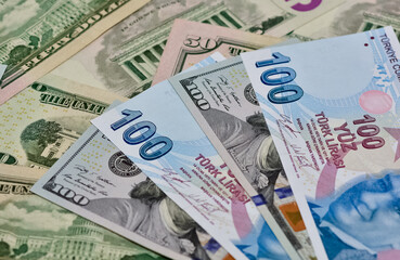 Fototapeta na wymiar Images of various country banknotes. Turkish lira and US dollar photos.