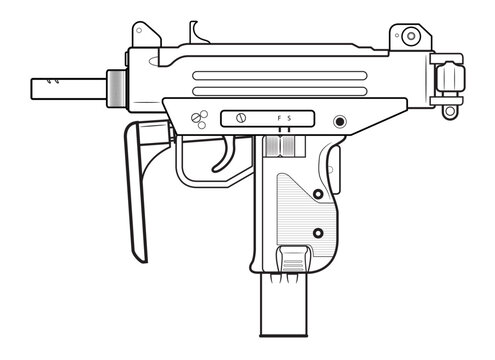 Vector illustration of the MICRO UZI israel machine gun with folded stock on the white background. Left side.
