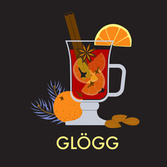 A mug of traditional Scandinavian hot drink with a cinnamon stick, slice of lemon and almonds flat vector illustration