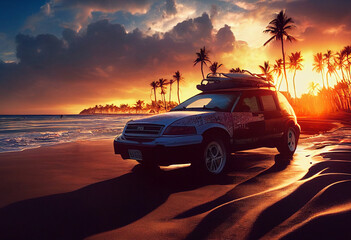 Fototapeta na wymiar SUV with luggage on roof on seashore near palm trees. Finally vacation.