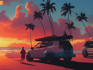 SUV with luggage on roof on seashore near palm trees. Finally vacation.