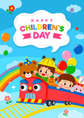 Obraz na płótnie Canvas Children's day Poster invitation vector illustration. Kids having fun on roller coaster.