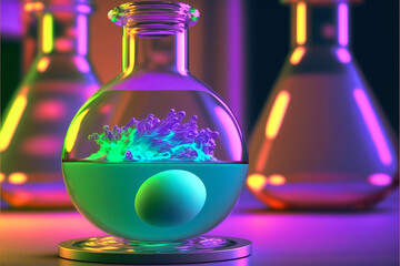 Neon egg into a lab flask on a chemistry table, fabulous style, easter colors.
