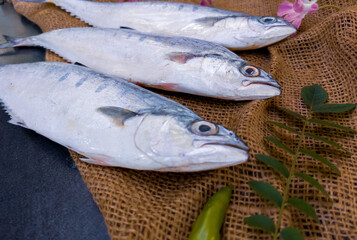Selective focus of Doublespotted queenfishFish decorated on a wooden pad.