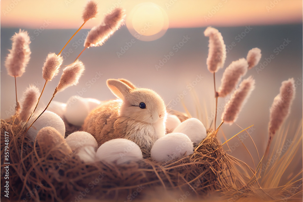 Wall mural Cozy easter nest with fluffy rabbit, eggs and pampas grass. Generative AI