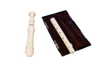 Alto recorder flute with a red case, closeup, isolated on a white background