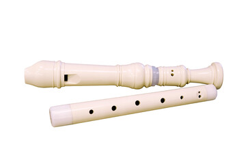 White alto recorder flute, closeup, isolated on a white background
