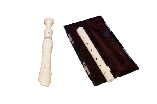 Alto recorder flute with a red case, closeup, isolated on a white background