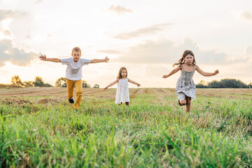Happy little children play together and run forward across field waving arms wide. Carefree kids on grassy meadow.