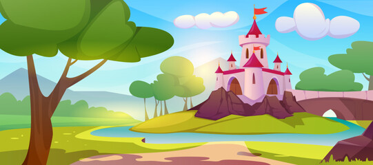 Cartoon pink magic princess castle on hill © redgreystock
