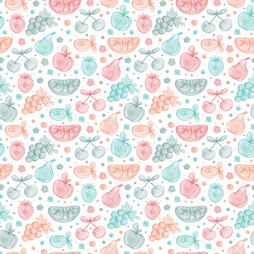 Hand Drawn Doodle Fruits with spiral pattern Seamless pattern. Abstract Blue Pink striped fruits and berries: watermelon, apple, pear, grapes, strawberries, plums, cherries. Vector illustration