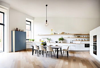 Wide view of a modern apartment with living room and kitchen