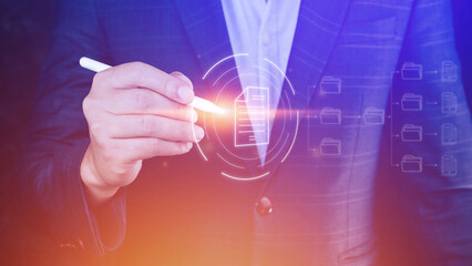 Document Management System (DMS), Online documentation database and process automation to efficiently manage files, knowledge and documentation enterprise with ERP. Corporate business technology.