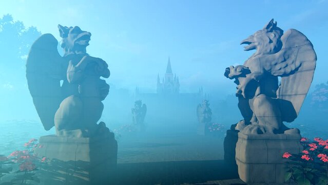 Movement through the foggy park towards the royal palace