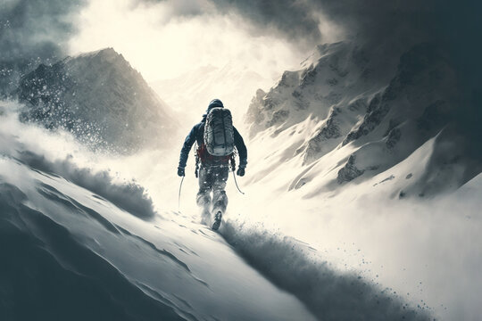  A Man Hiking Up A Snowy Mountain In The Snow With A Backpack On His Back And Skis On His Feet, In The Middle Of A Storm Clouds And Snow Covered Mountains In The Background.