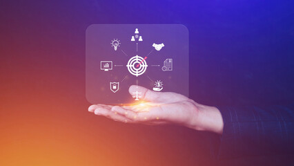 Hand shows the icon virtual screen of Digital target marketing advertising and sales increase business technology concept, online marketing, E-business, Ecommerce, Business online.