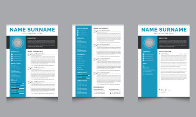 2 Page Resume CV Template with Cover Letter Black and Blue Design