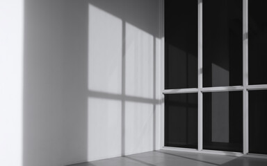 Sunlight and shadow on surface of black tinted glass entrance door of office building with white cement wall in black and white style 