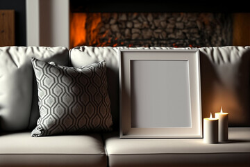 Picture frame mockup on the sofa. White picture frame on a white sofa with a beautiful pillow in a comfy scene.
