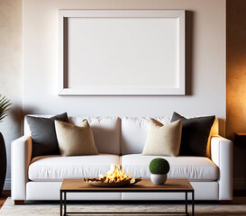 White picture frame on the living room wall above the sofa. Living room decor with center table. Horizontal picture frame mockup. 