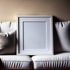 Picture frame mockup on the sofa. White picture frame on a white sofa with pillows.