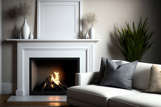 White picture frame on the living room wall above a fireplace. Living room decor with a fireplace and a square picture frame mockup.