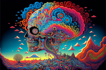 Magical abstract hallucinogen psychedelic human skull, Generative AI