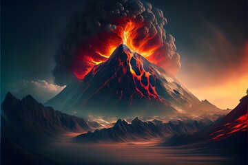 Erupting volcano with lava. Generative AI