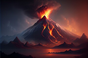 Erupting volcano with lava. Generative AI