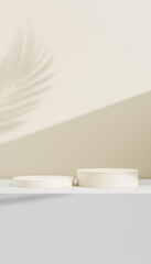 3D rendering of podium geometry. Abstract pastel geometric shape blank platform. Empty showcase pedestal product display for cosmetic presentation. Minimal composition