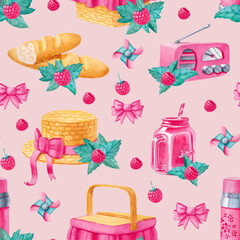 Watercolor seamless pattern with picnic elements in pastel colors