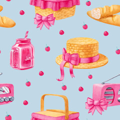 Watercolor seamless pattern with picnic elements in pastel colors