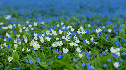 Wiosenne kwiat, zawilce, delikatne niebieskie i białe wiosenne kwiaty.  - obrazy, fototapety, plakaty