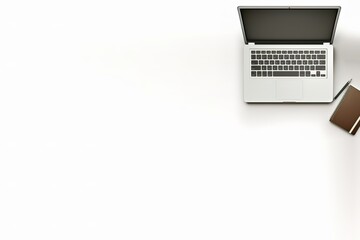 Laptop With Pen And Notebook On Top Right Corner Of White Background Generative AI