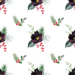 Seamless pattern of dark and red flowers, with green branches. Spring floral pattern. Summer herbs and flowers. Hand drawn watercolor seamless pattern for scrapbooking, wrapping, textile.