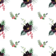 Stof per meter Vlinders Seamless pattern of dark and red flowers, with green branches. Spring floral pattern. Summer herbs and flowers. Hand drawn watercolor seamless pattern for scrapbooking, wrapping, textile.