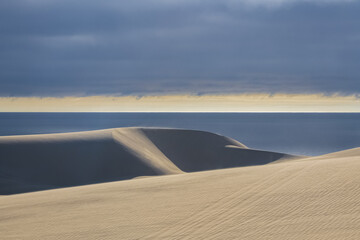 Namibia, the Namib desert, landscape of yellow dunes falling into the sea
