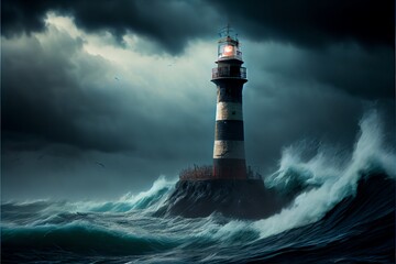 Obraz premium Lighthouse on an ocean thunderstorm big waves. Generative AI