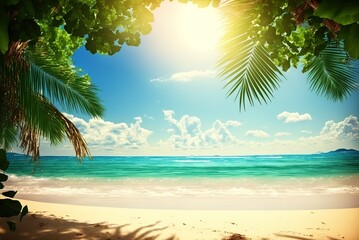 Fototapeta na wymiar Paradise Island Beach With Palm Leaves And Great Sand And Ocean Generative AI