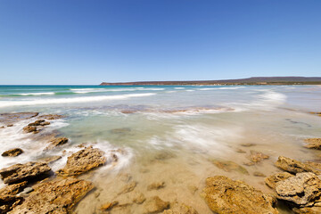 A beautiful view over the coastline of Witsand, South Africa, with blue skies and sunny weather.