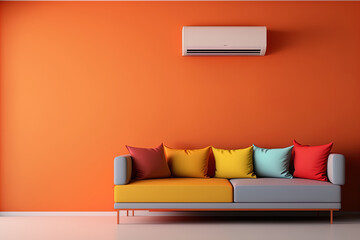 Air conditioner with a colorful sofa in a red and orange living room. Generative AI