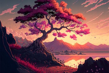 Bright illustration in hand drawn style sakura against the backdrop of mountains of the sky and sunset.AI generated.