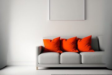 A comfortable couch and an orange and red pillow may be found inside a roomy living room. A actual photo with copy space is displayed on a blank white wall. Generative AI