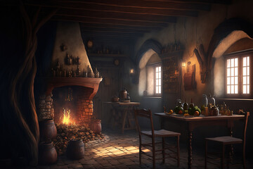 Medieval tavern interior, concept art - obrazy, fototapety, plakaty